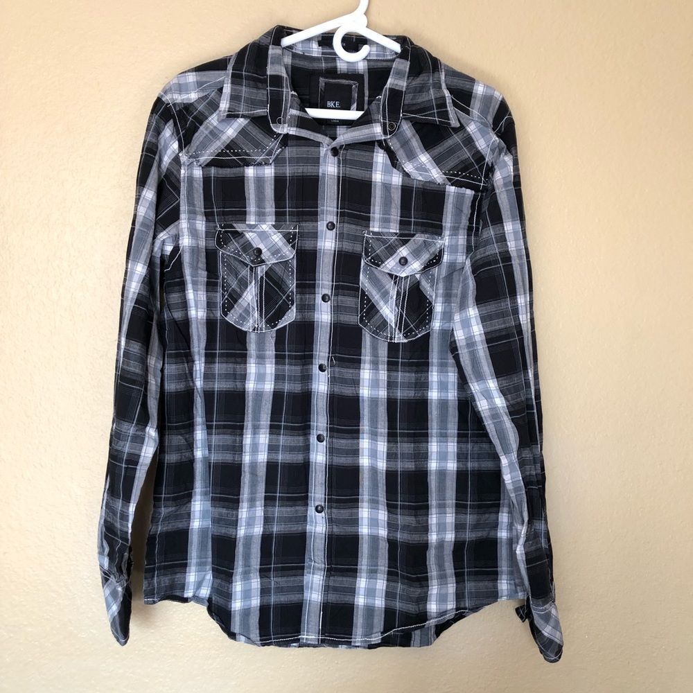 BKE Mens Slim Fit Long Sleeve Plaid Western Shirt